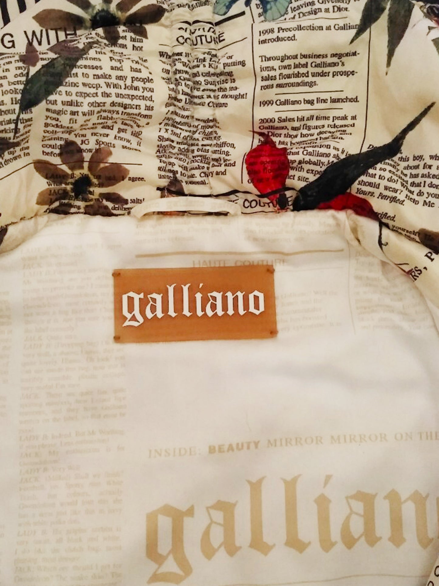 John Galliano 1990s Floral and Gazette Newspaper Print Jacket