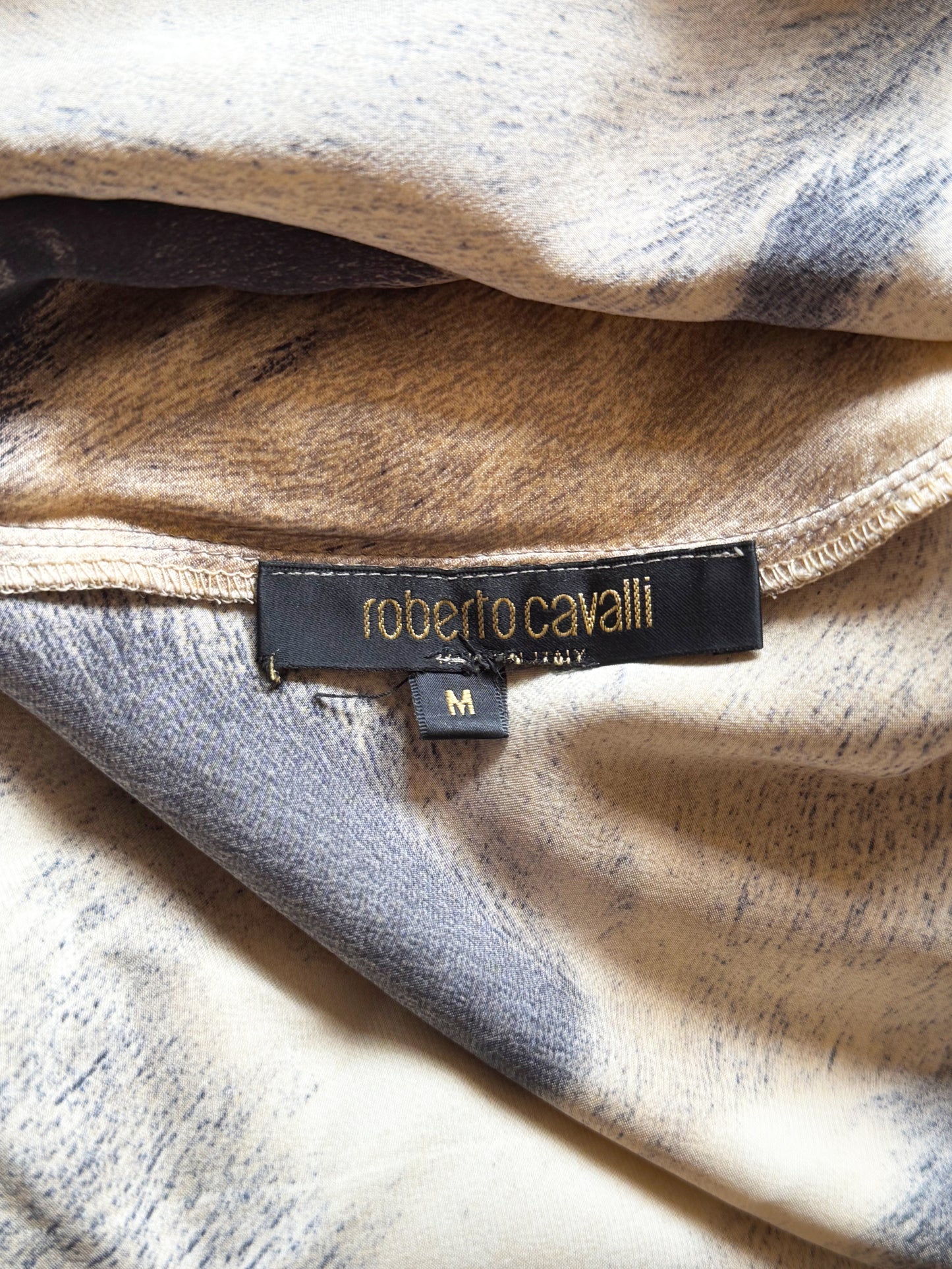 Roberto Cavalli 2000s Neutral Fur Print Asymmetrical Halter Dress