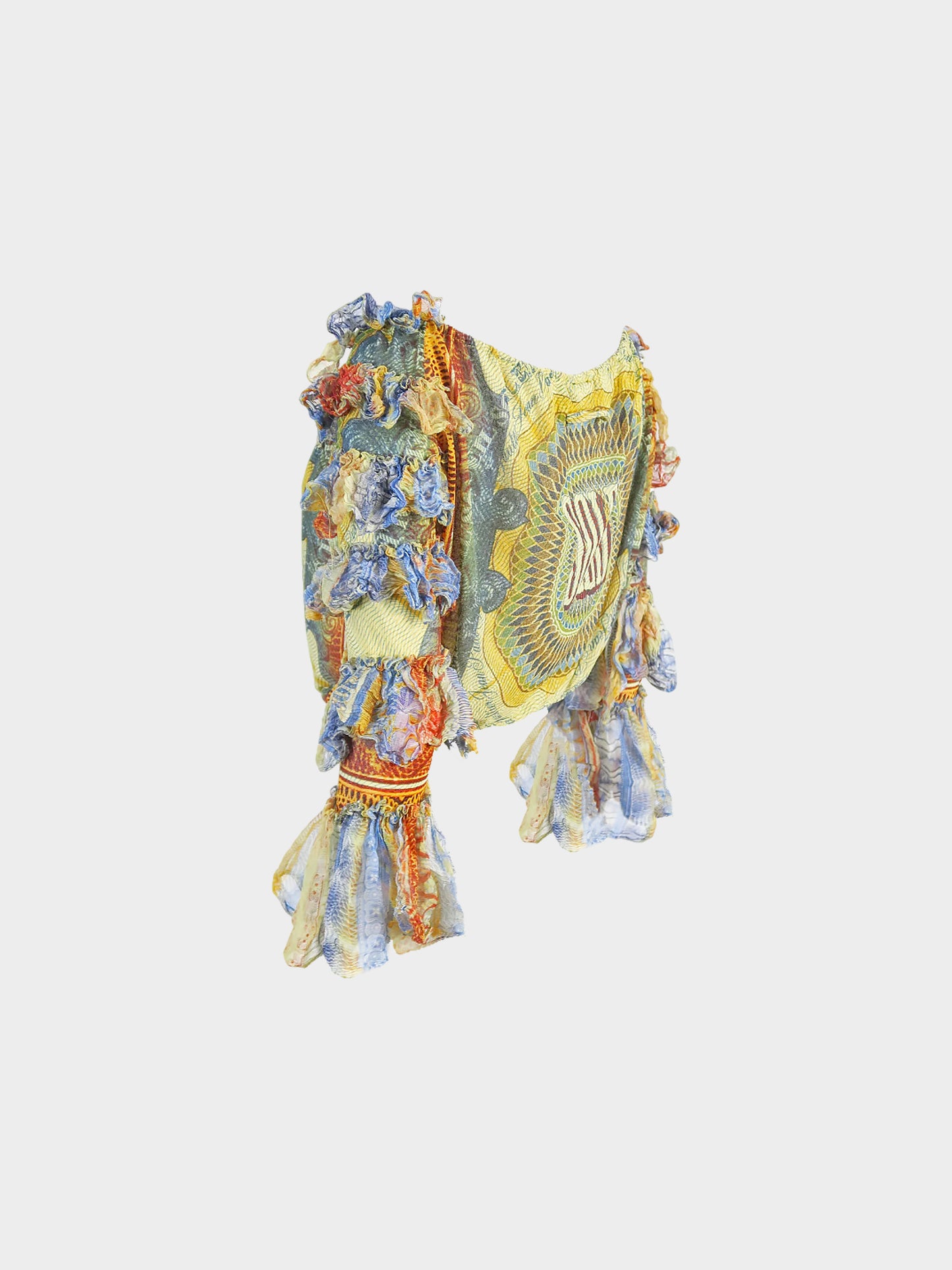 Jean Paul Gaultier 1990s Multicolor Soleil Tribal Prints Ruffled Top