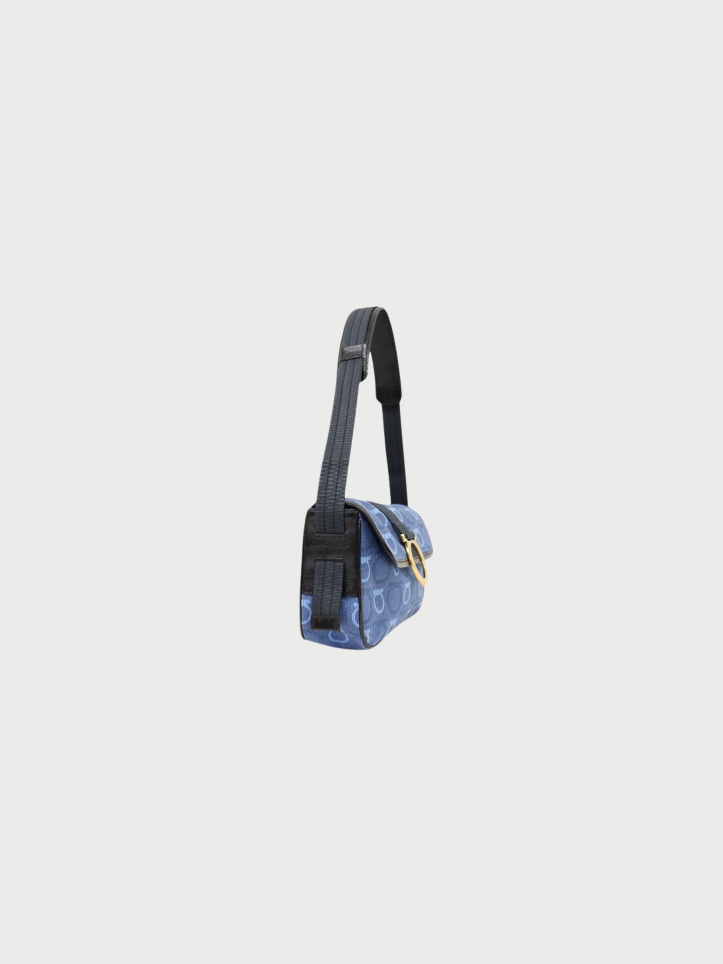 Salvatore Ferragamo 2000s Blue Black Denim Leather Gancini Hardware Shoulder Bag