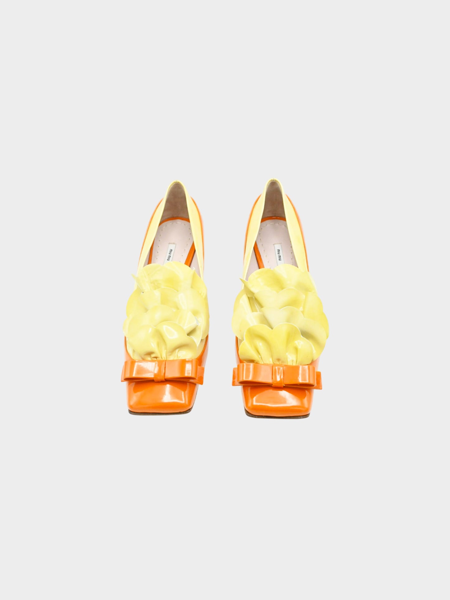 Miu Miu 2010s Orange and Yellow Patent Leather Ruffle Bow Kitten Heel Pumps
