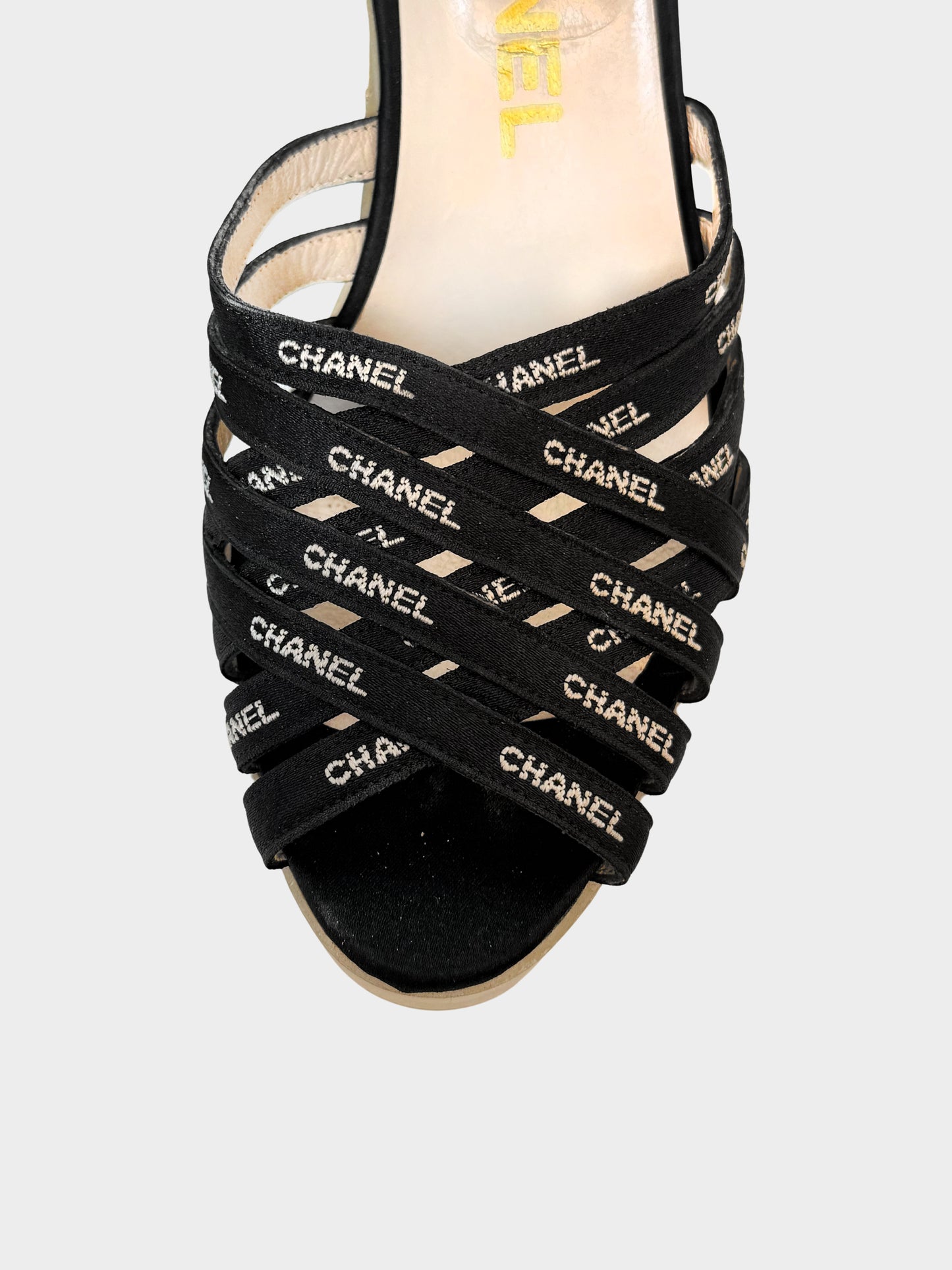 Chanel SS 1997 Black Ribbon Logo PVC Heeled Mules