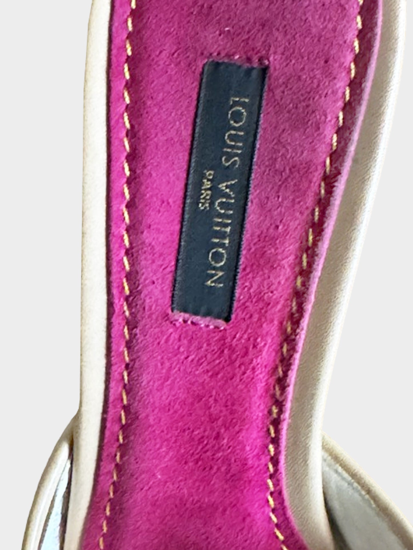 Louis Vuitton 2005 White Multicolor Monogram Leather Heels with Purple Ribbon