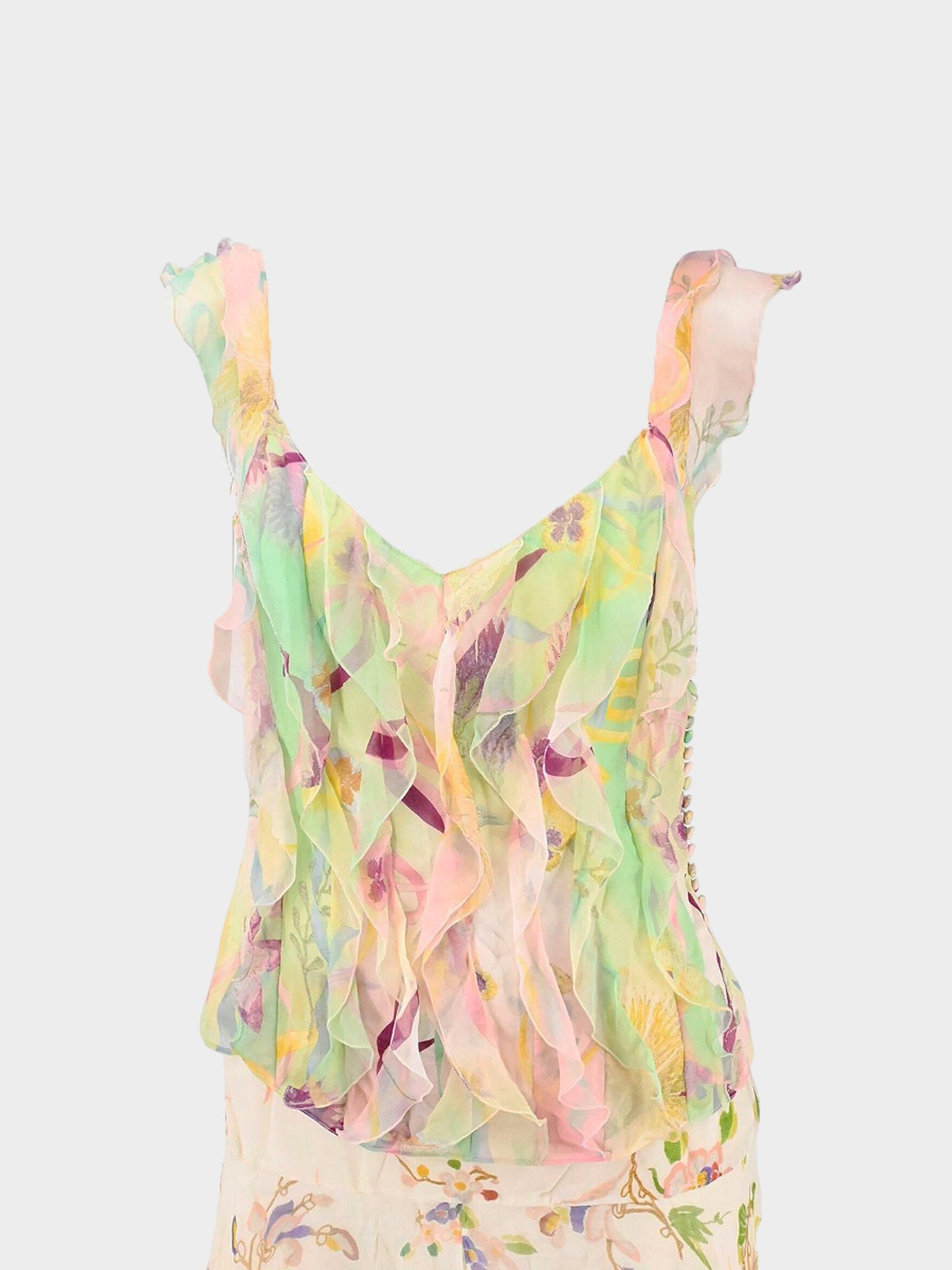 Christian Dior 2006 Multicolor Ruffled Floral Top and Flared Skirt Set
