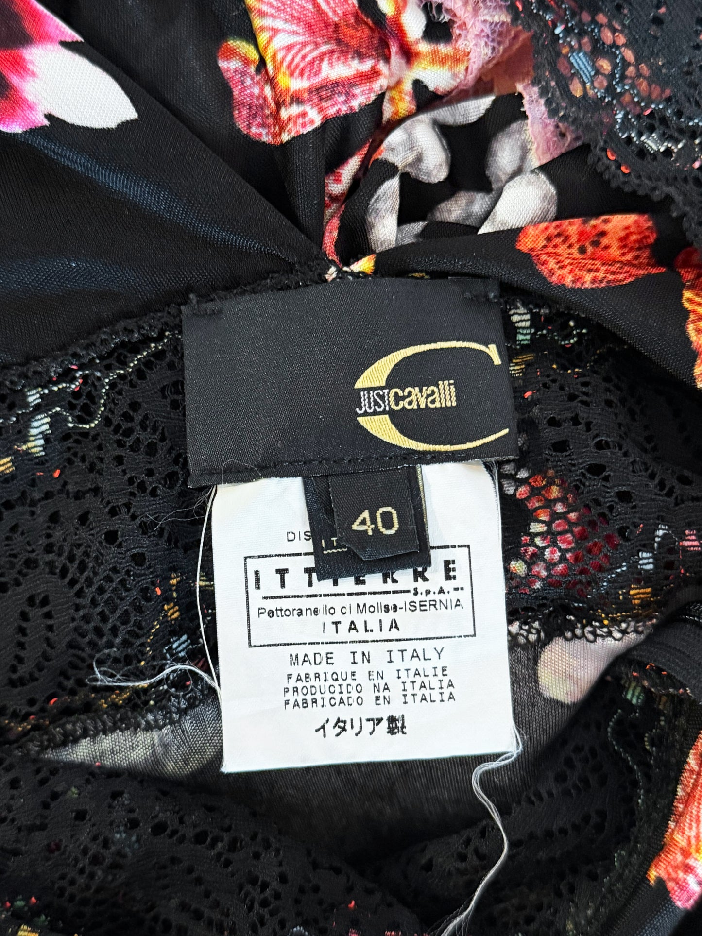 Roberto Cavalli 2000s Black and Multicolor Floral Orchid Print and Lace Dress