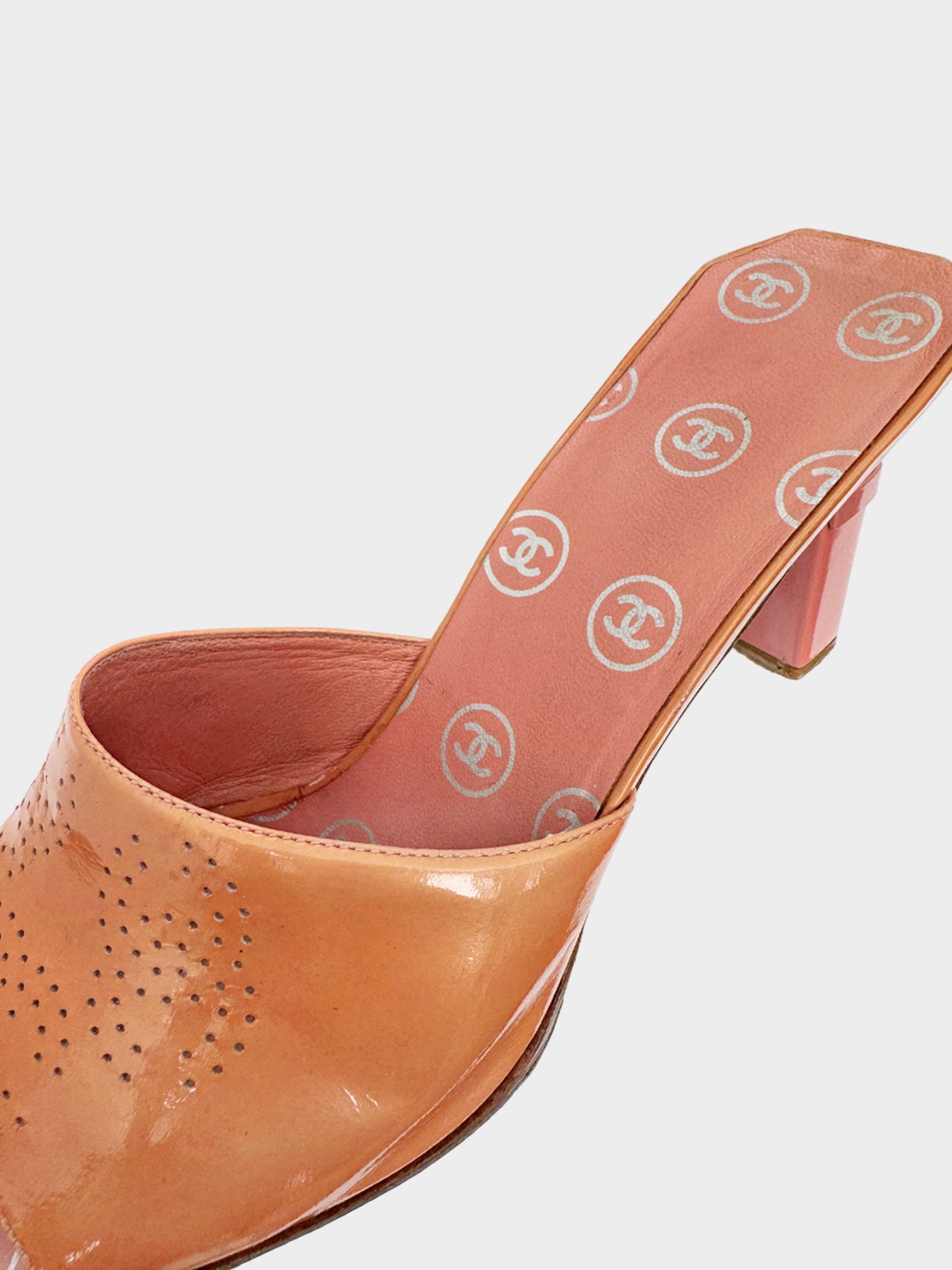 Chanel 2000s Salmon Pink Patent Leather Heeled Sandals