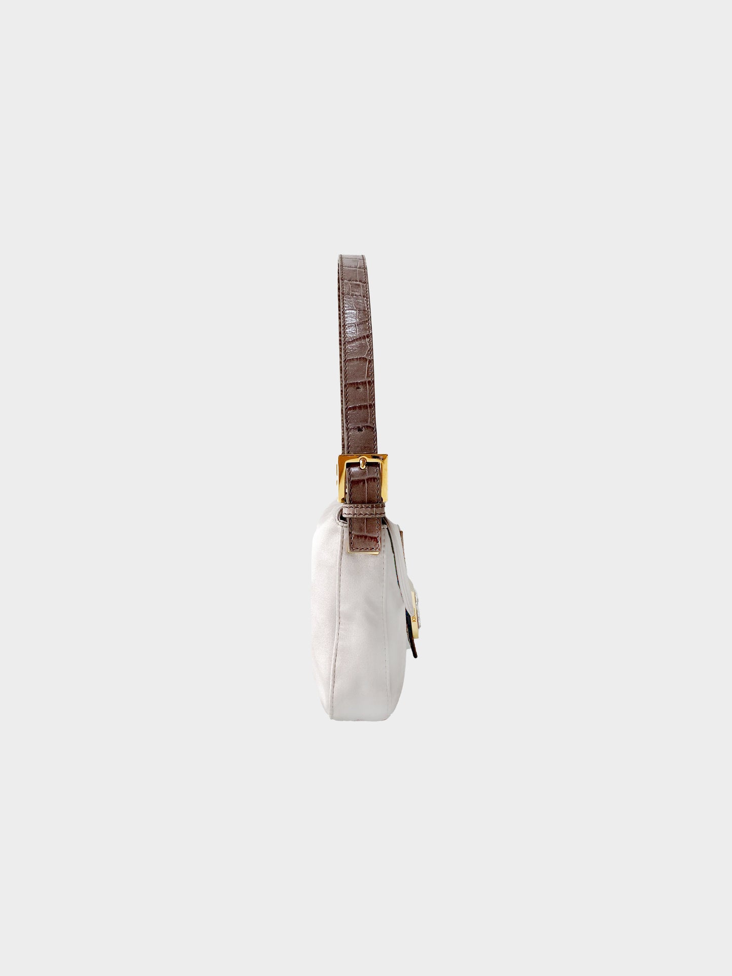 Fendi 2000s Smoke Beige Satin and Croc Leather Baguette with Rhinestones