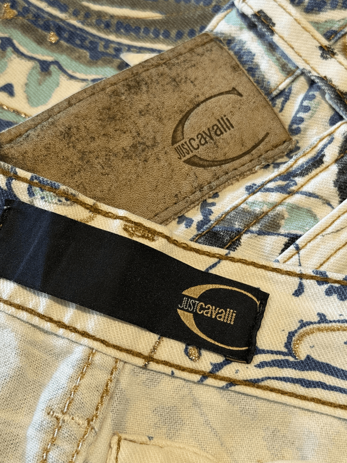Roberto Cavalli Just Cavalli SS 2004 White Blue Paisley Leopard Print Jeans