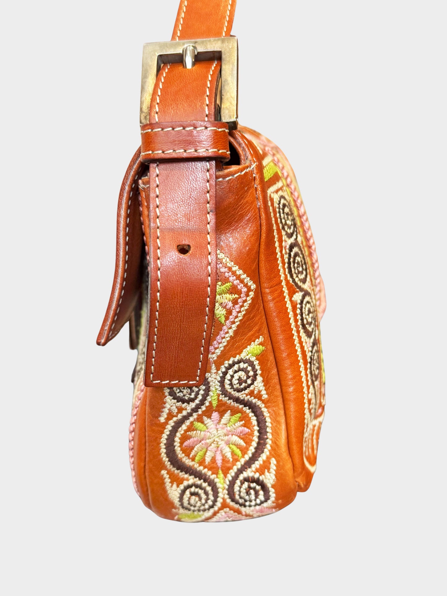 Fendi 1990s Brown Leather Floral and Geometric Embroidered Baguette