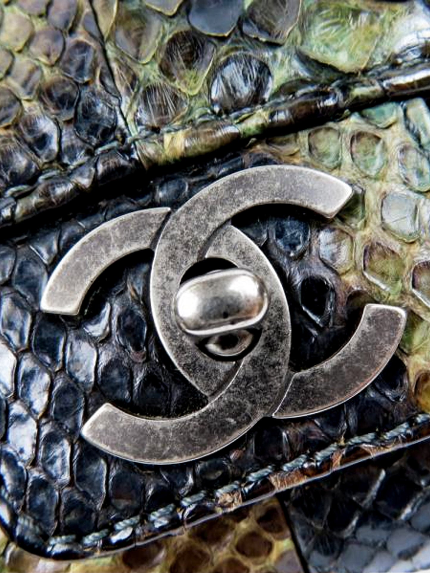 Chanel 2005-2006 Khaki Python Leather Medium Classic Single Flap Bag
