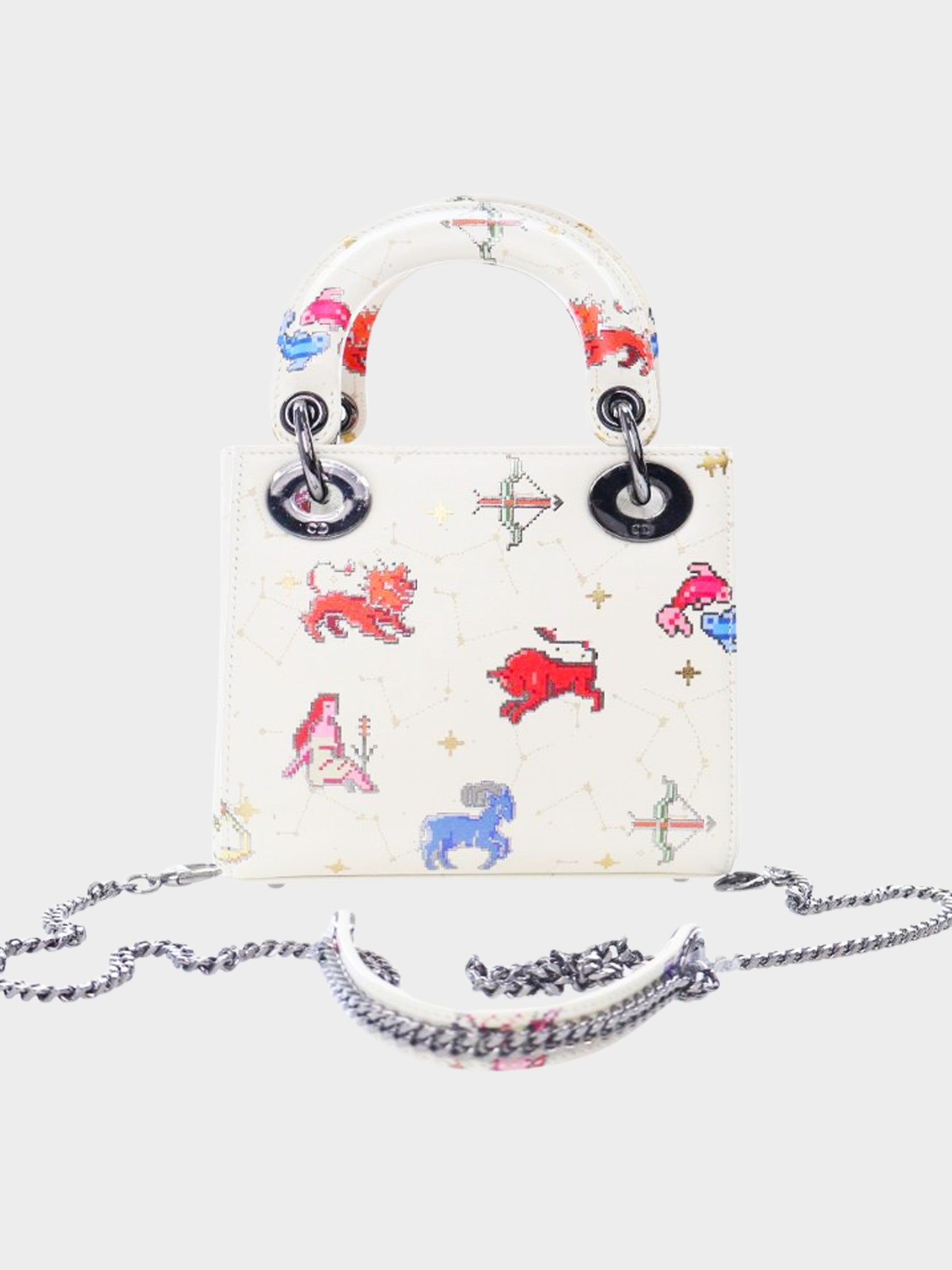 Christian Dior 2022 White and Multicolor Zodiac Pixel Print Mini Lady Dior 2-Way Hand Bag