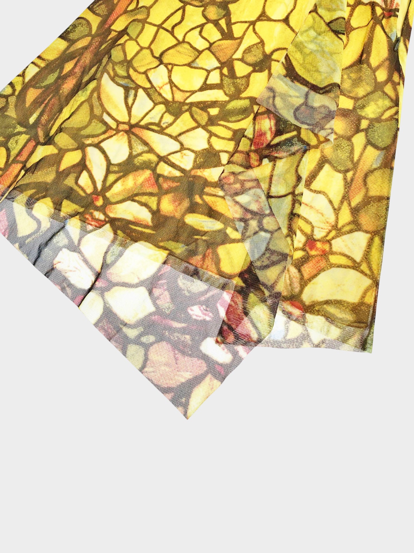 Vivienne Tam 1990s Yellow Abstract Floral Print Mesh Top and Skirt Set