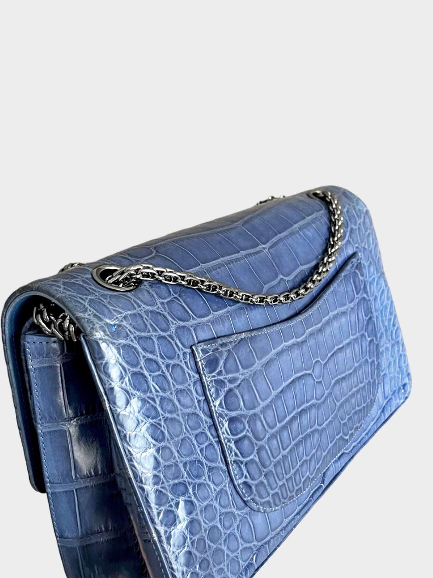 Chanel 2018 Denim Blue Reissue 2.55 Alligator Medium Classic Double Flap Bag