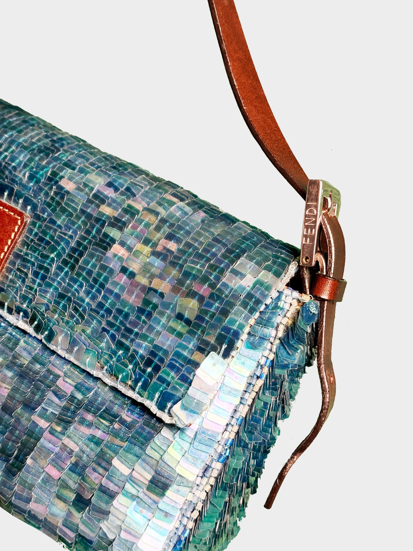 Fendi 1990s Blue Sequin and Brown Leather Baguette Bag