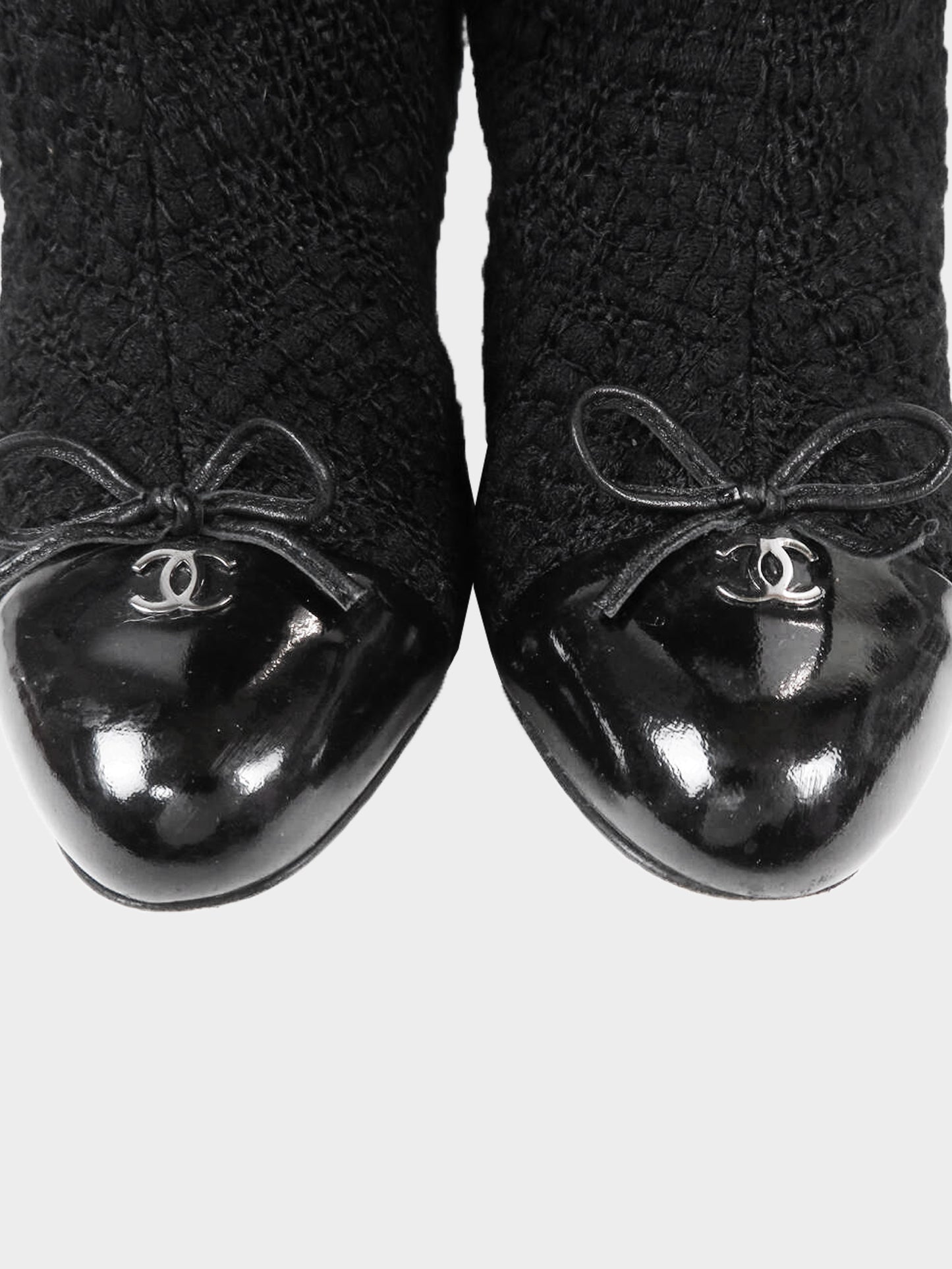 Chanel 2010s Black Tweed and Chain CC Signature Cap Toe Boots