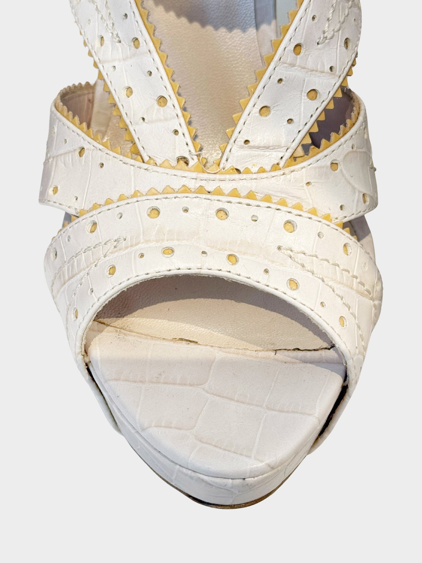 Christian Dior 2000s White Stamped Croc "Bonnie" Wedge Sandals
