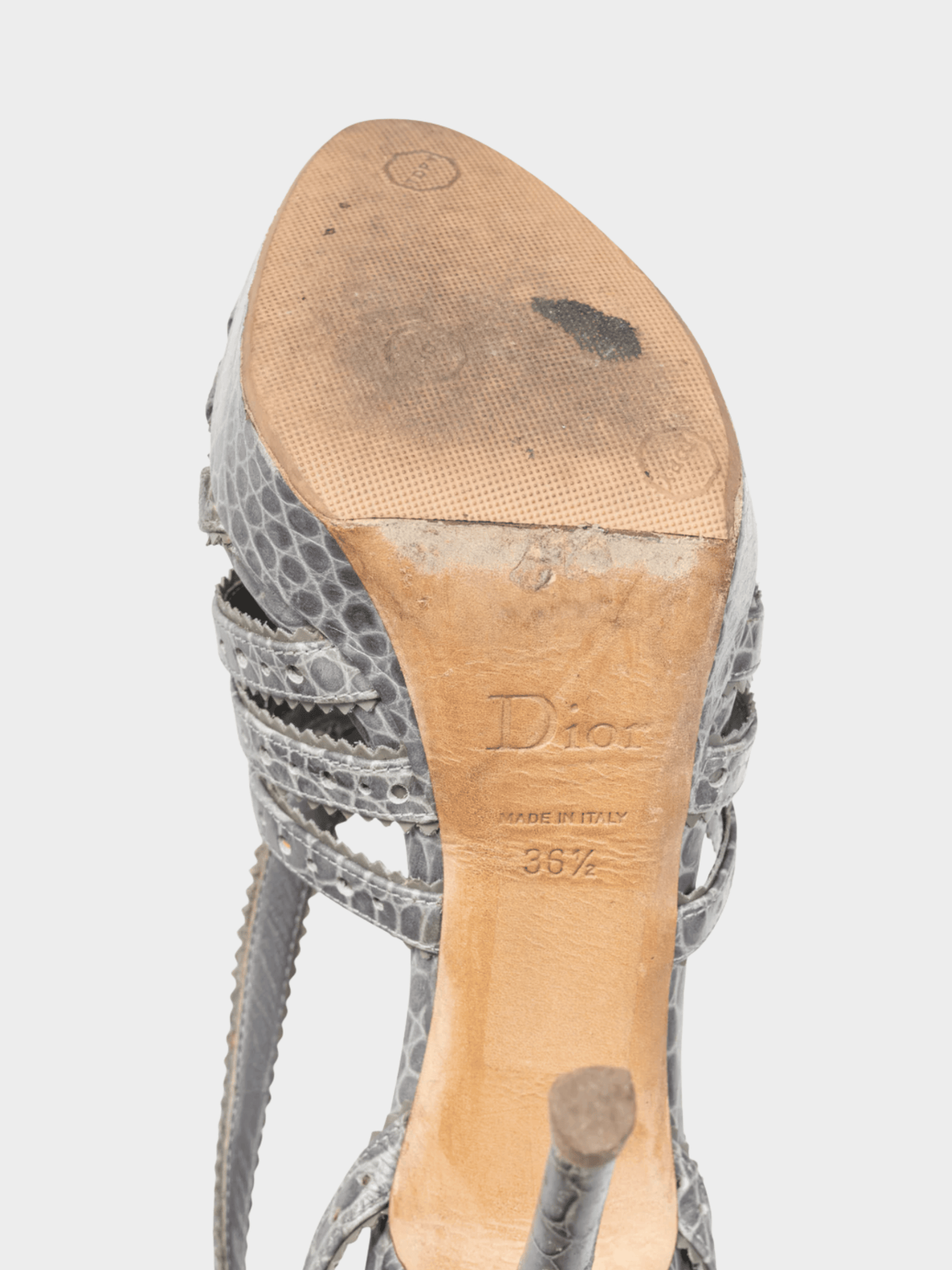 Christian Dior 2000s Bonnie Grey Snake-Embossed Perforated Platform Sandals