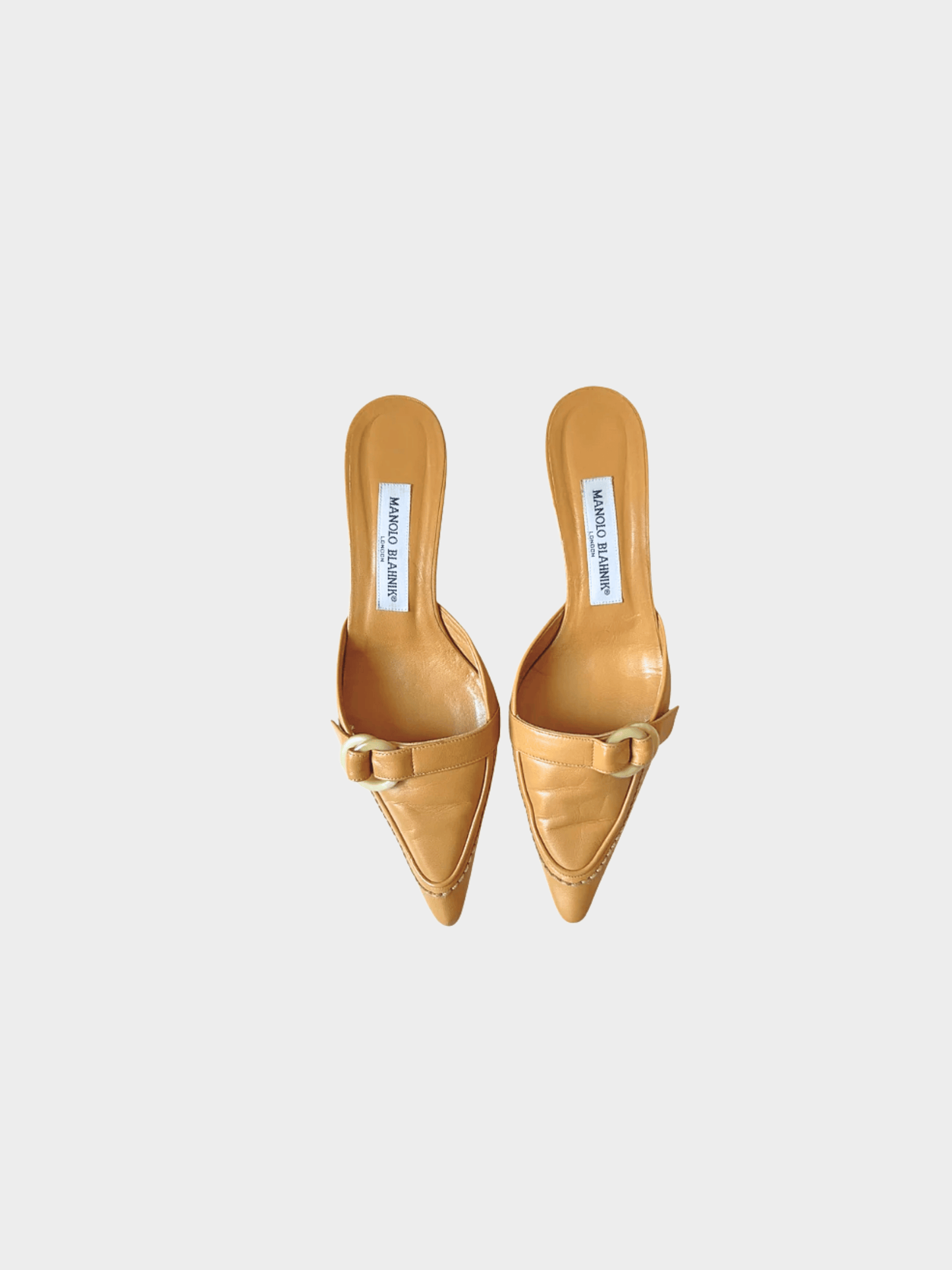 Manolo Blahnik 2000s Tan Buckle Mule Heels