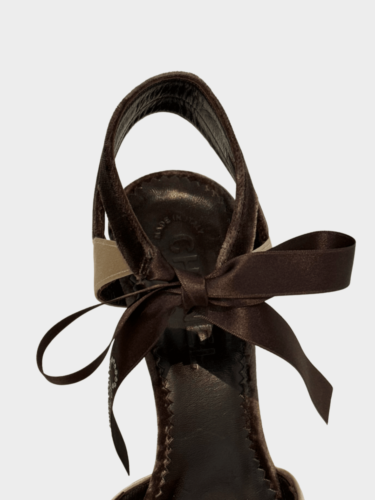 Chanel 2000s Dark Brown and Cream Velvet Satin Ankle Tie Heels