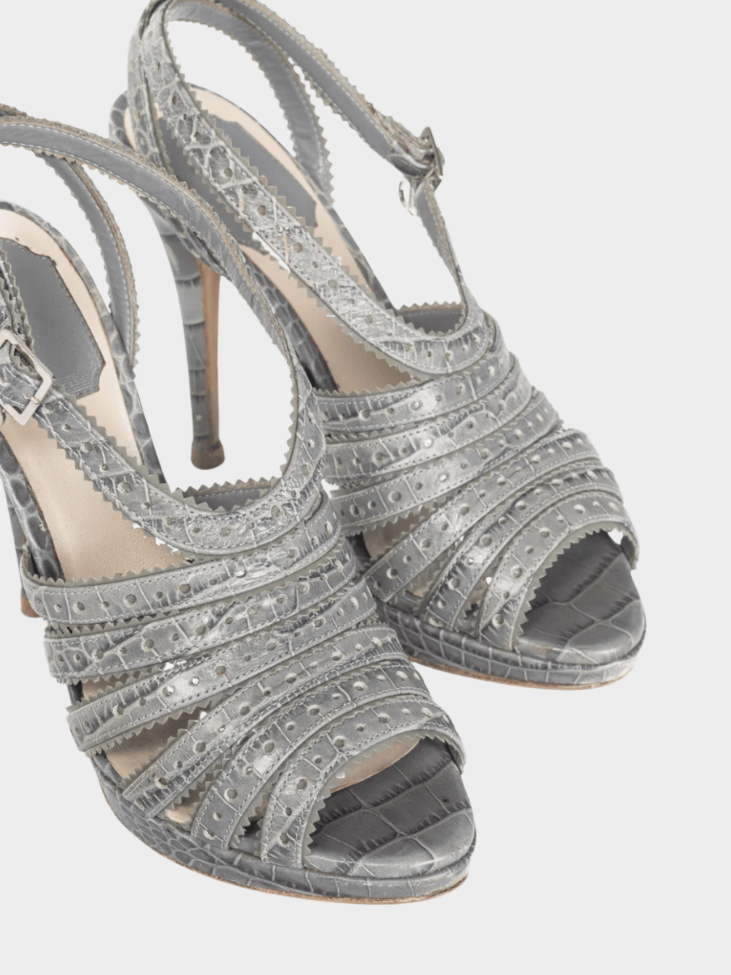 Christian Dior 2000s Bonnie Grey Snake-Embossed Perforated Platform Sandals