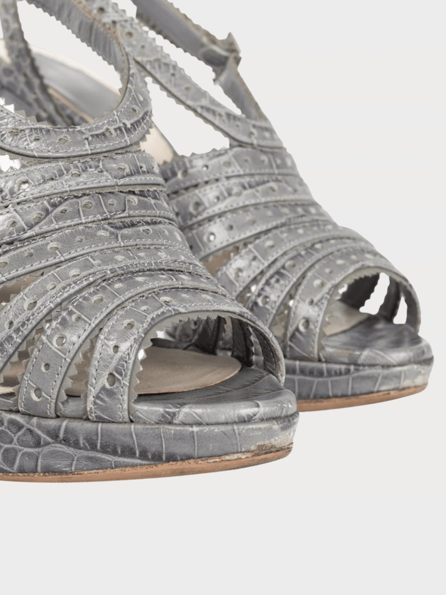 Christian Dior 2000s Bonnie Grey Snake-Embossed Perforated Platform Sandals