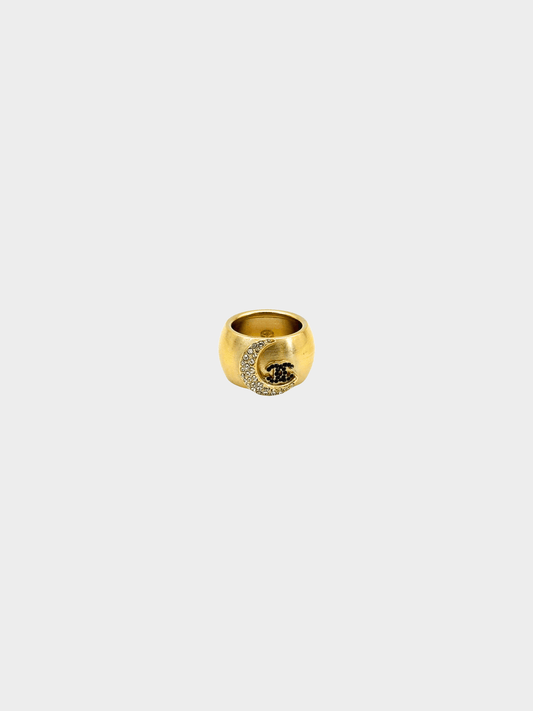 Chanel 2000s Coco Mark Heart Gold Metal Black Rhinestone Crescent Ring