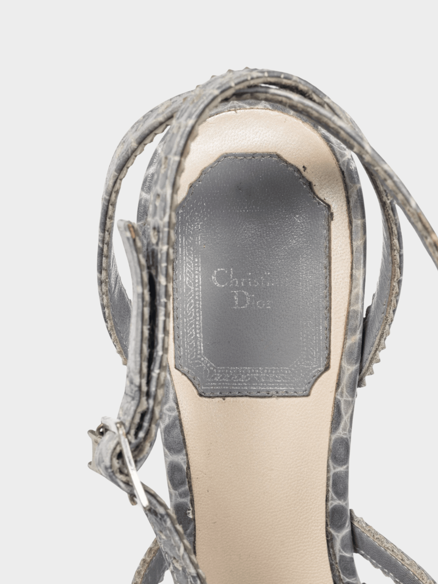 Christian Dior 2000s Bonnie Grey Snake-Embossed Perforated Platform Sandals