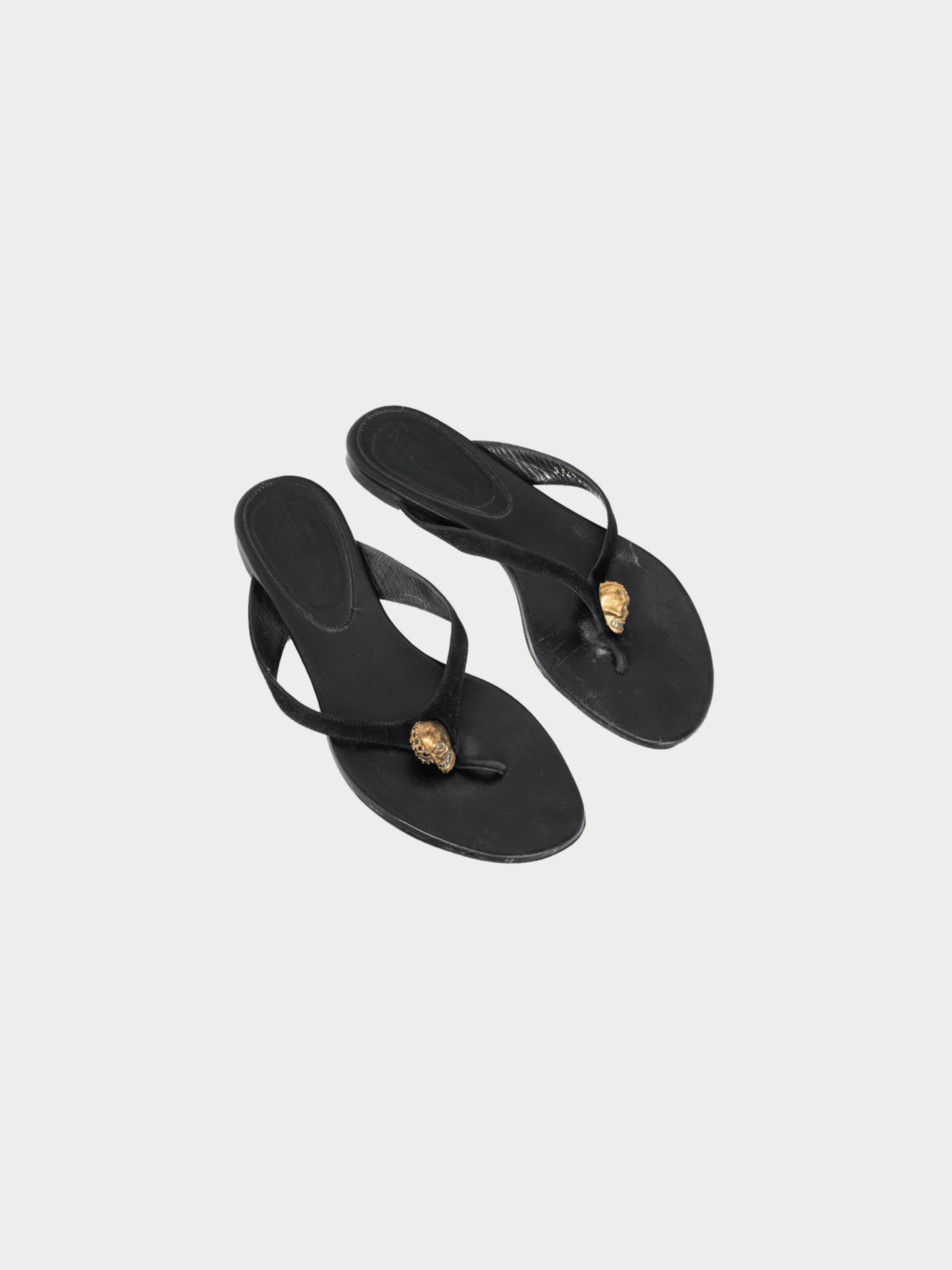 Alexander McQueen 2010s Black Suede Skull-Strap Thong Sandals