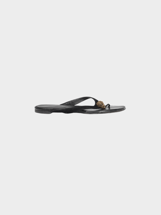 Alexander McQueen 2010s Black Suede Skull-Strap Thong Sandals