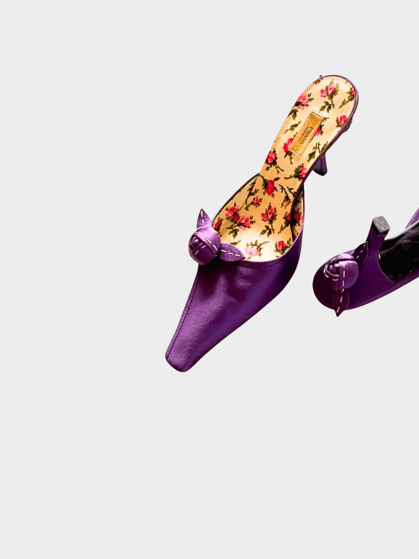 Prada 2000s Purple Satin Rose Print Mule Heels
