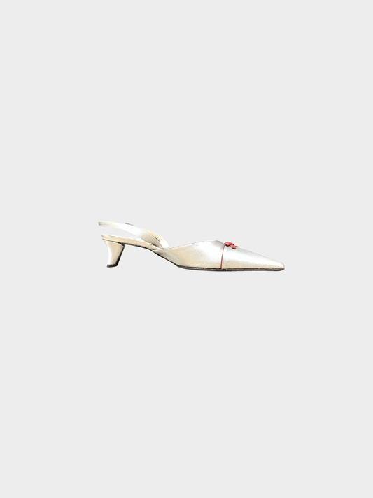 Prada 2000s Silver Satin with Red Ribbon Mules