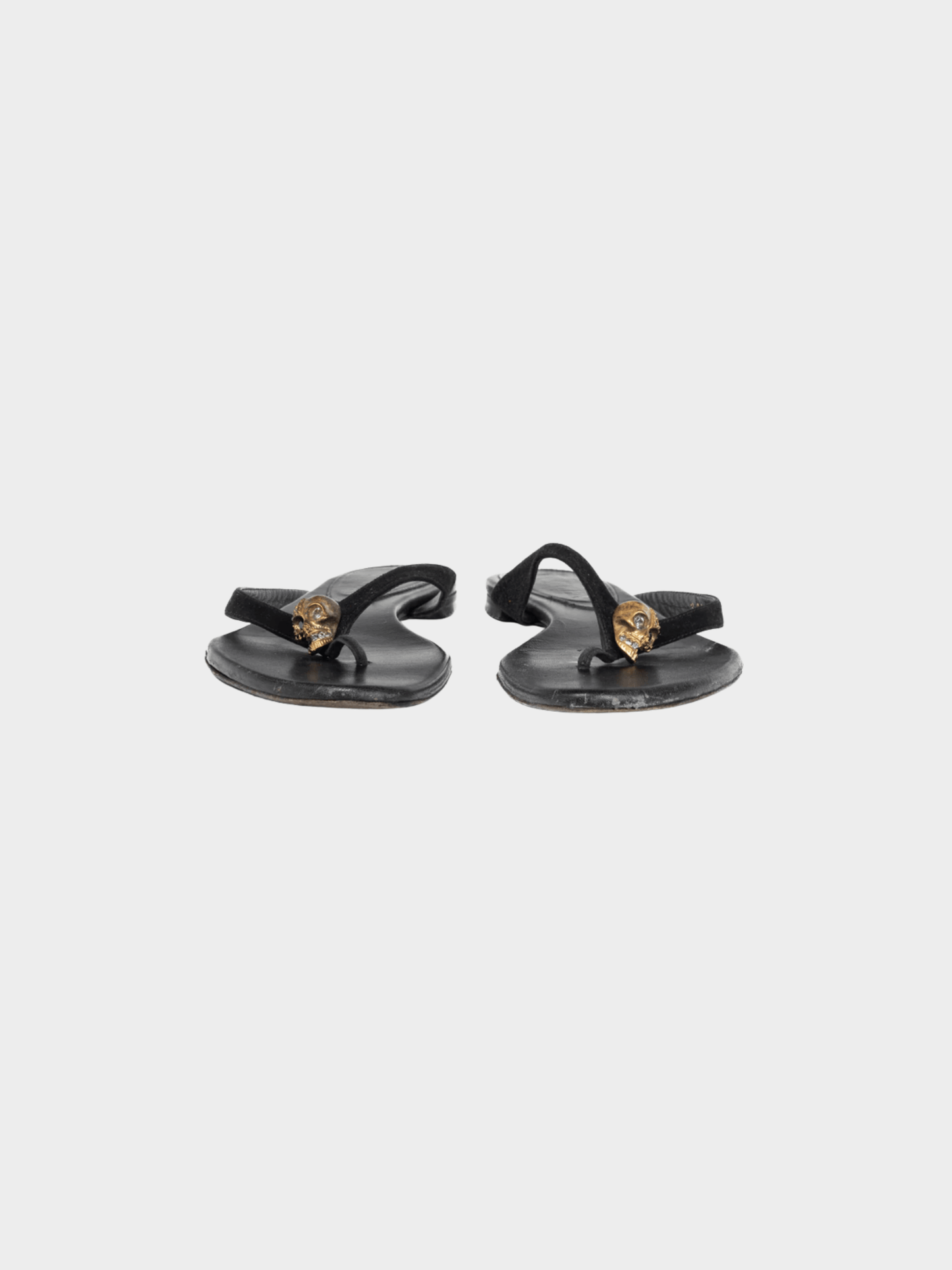 Alexander McQueen 2010s Black Suede Skull-Strap Thong Sandals