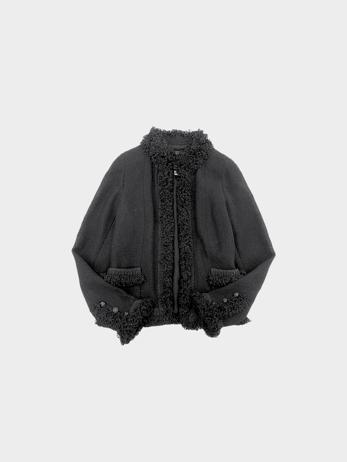 Chanel 2003 Black Tweed Fringe Trim Jacket