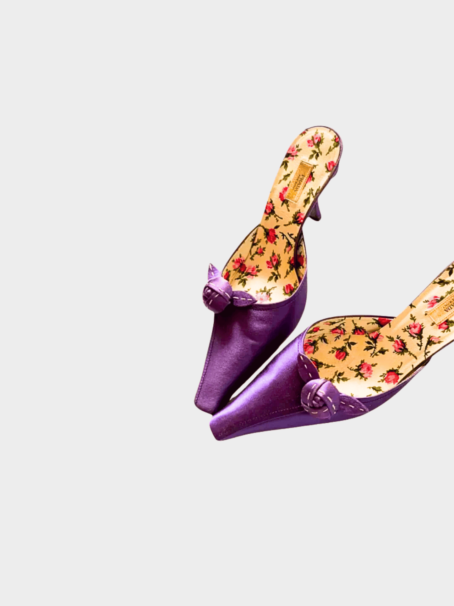 Prada 2000s Purple Satin Rose Print Mule Heels