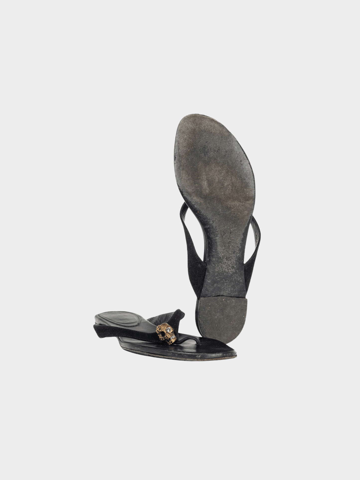 Alexander McQueen 2010s Black Suede Skull-Strap Thong Sandals