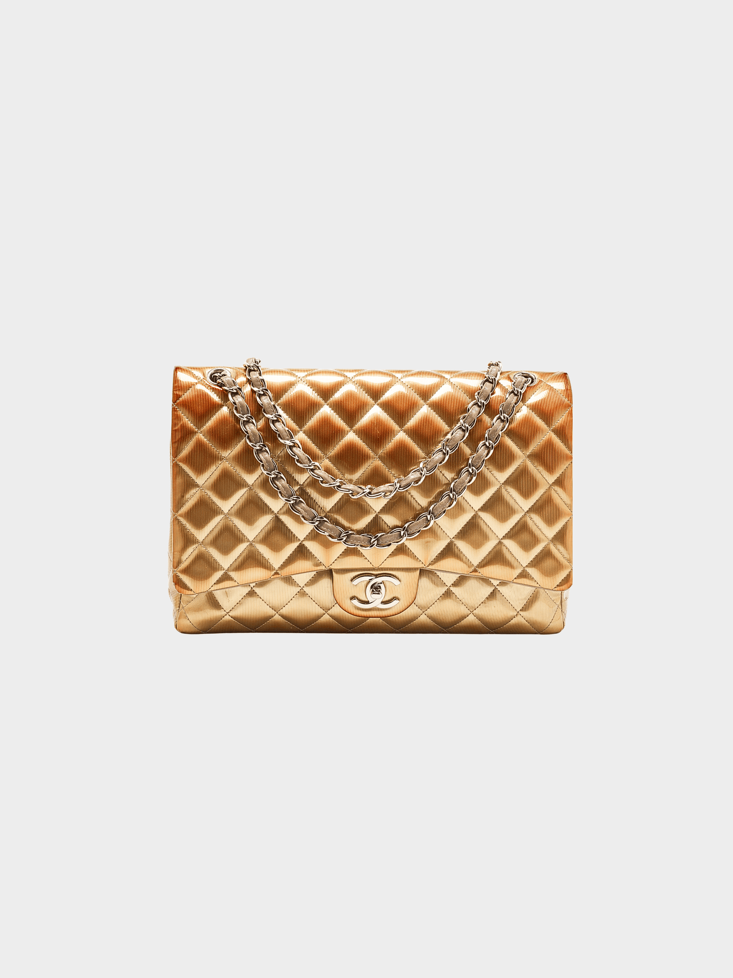 Chanel 2012 Gold Textured Patent Leather Maxi Classic Double Flap Bag