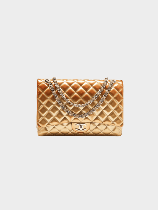 Chanel 2012 Gold Textured Patent Leather Maxi Classic Double Flap Bag