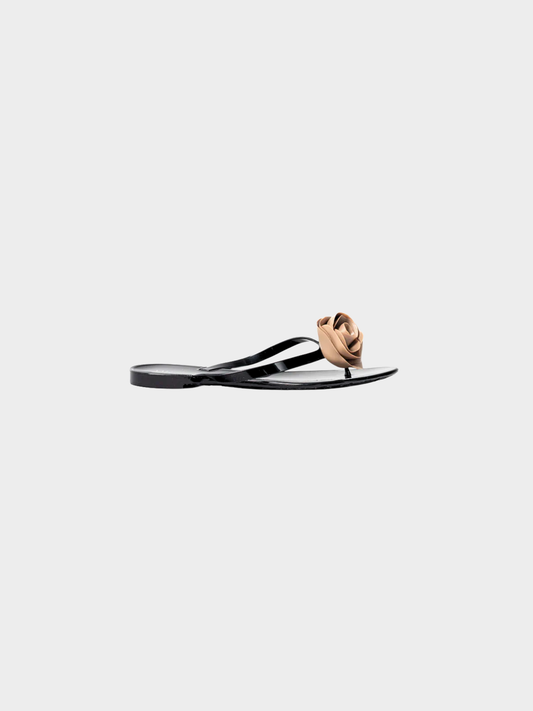 Valentino 2010s Black Rose Jelly Thong Sandals