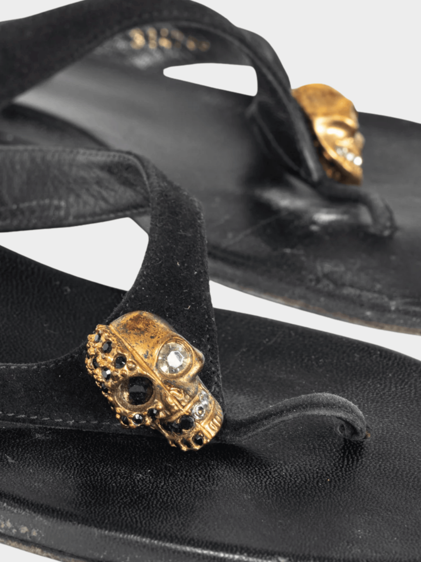 Alexander McQueen 2010s Black Suede Skull-Strap Thong Sandals