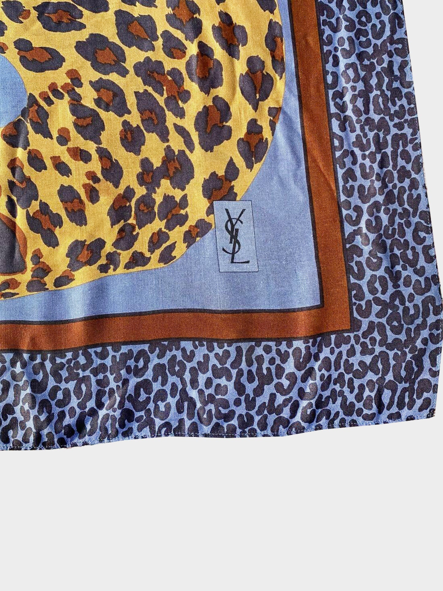 Yves Saint Laurent 1980s Rare Blue and Brown Leopard Print Silk Scarf