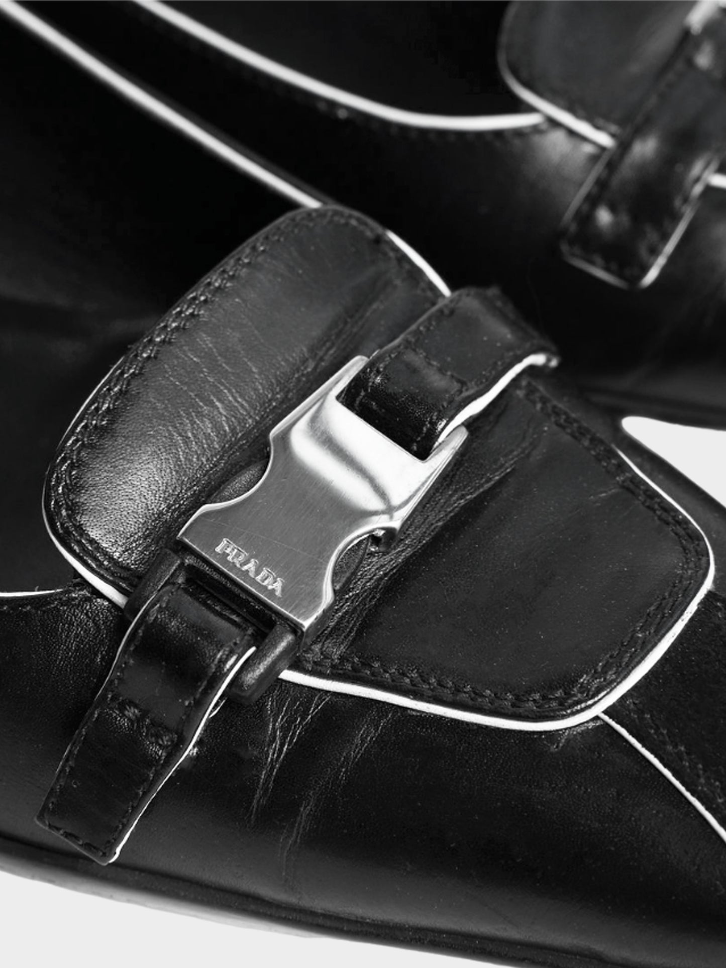 Prada Late 1990s Black Leather Buckle Heeled Mules