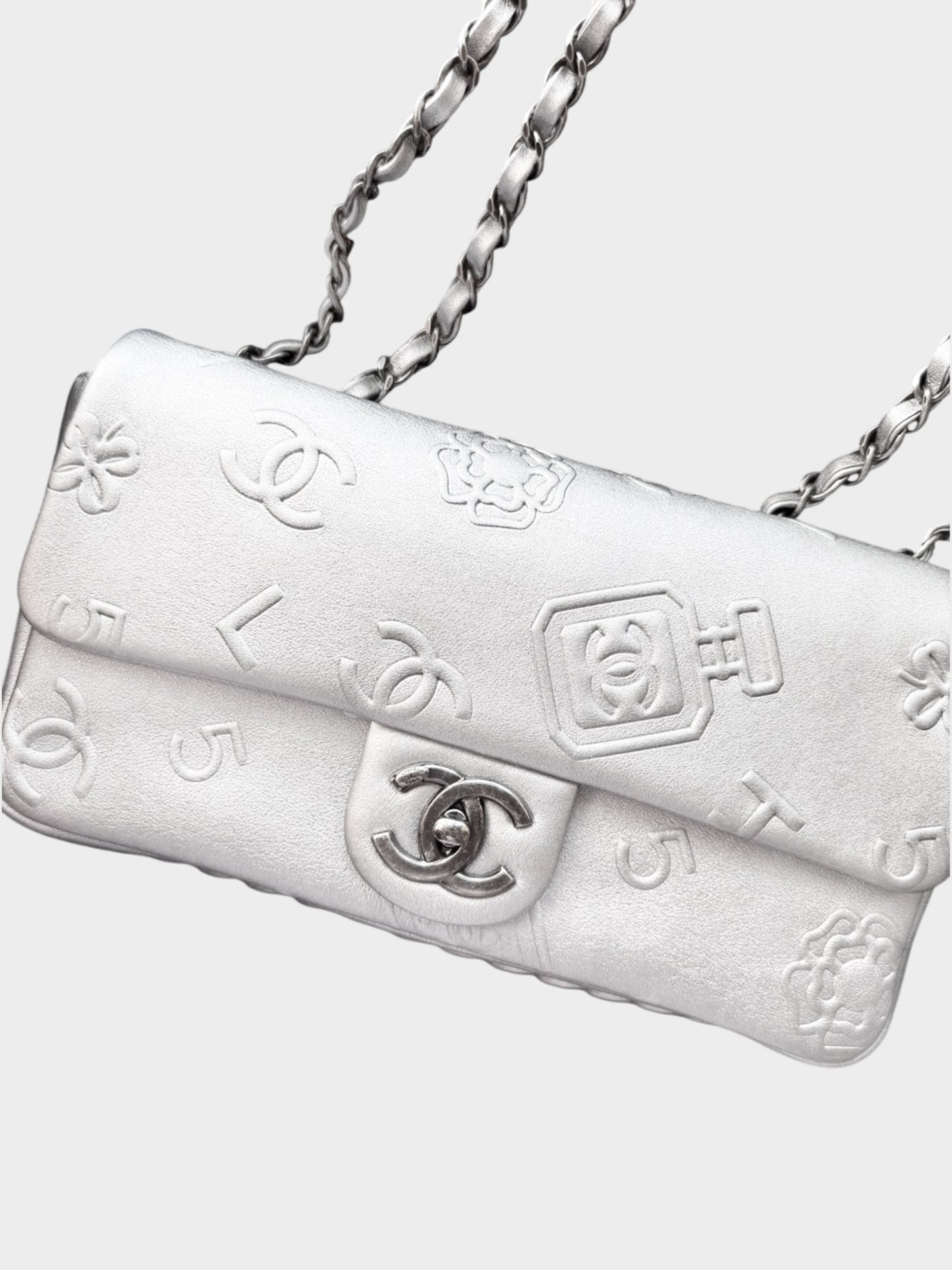 Chanel 2009-2010 Metallic Silver Lambskin Symbols Classic Medium Single Flap Bag