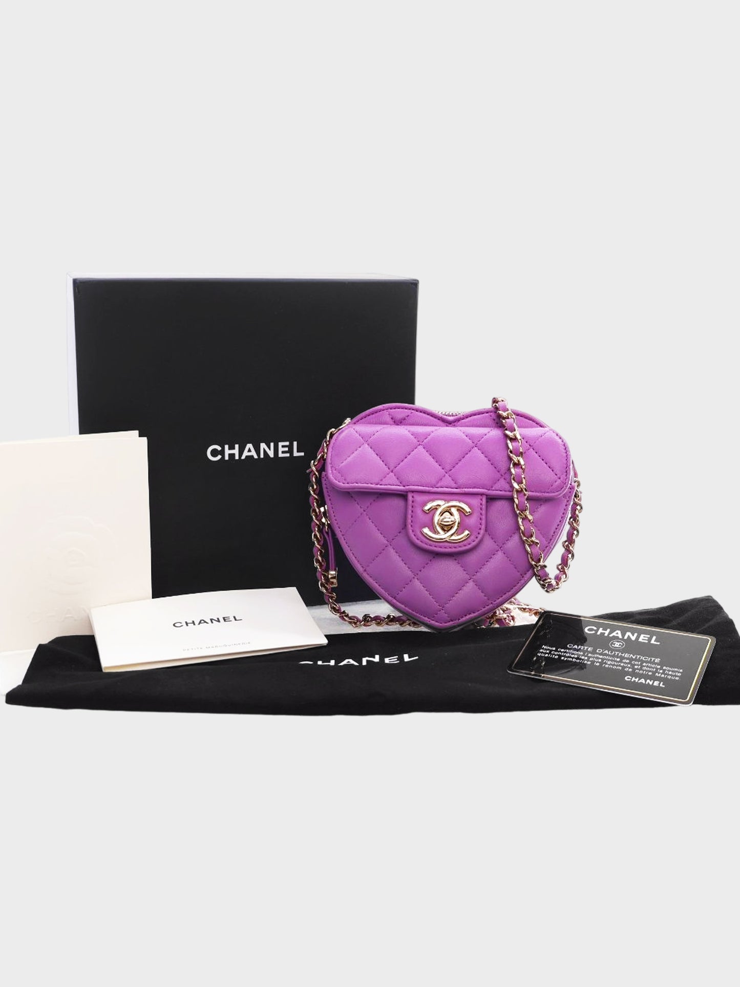 Chanel 2022 Purple Lambskin Quilted CC In Love Mini Heart Bag