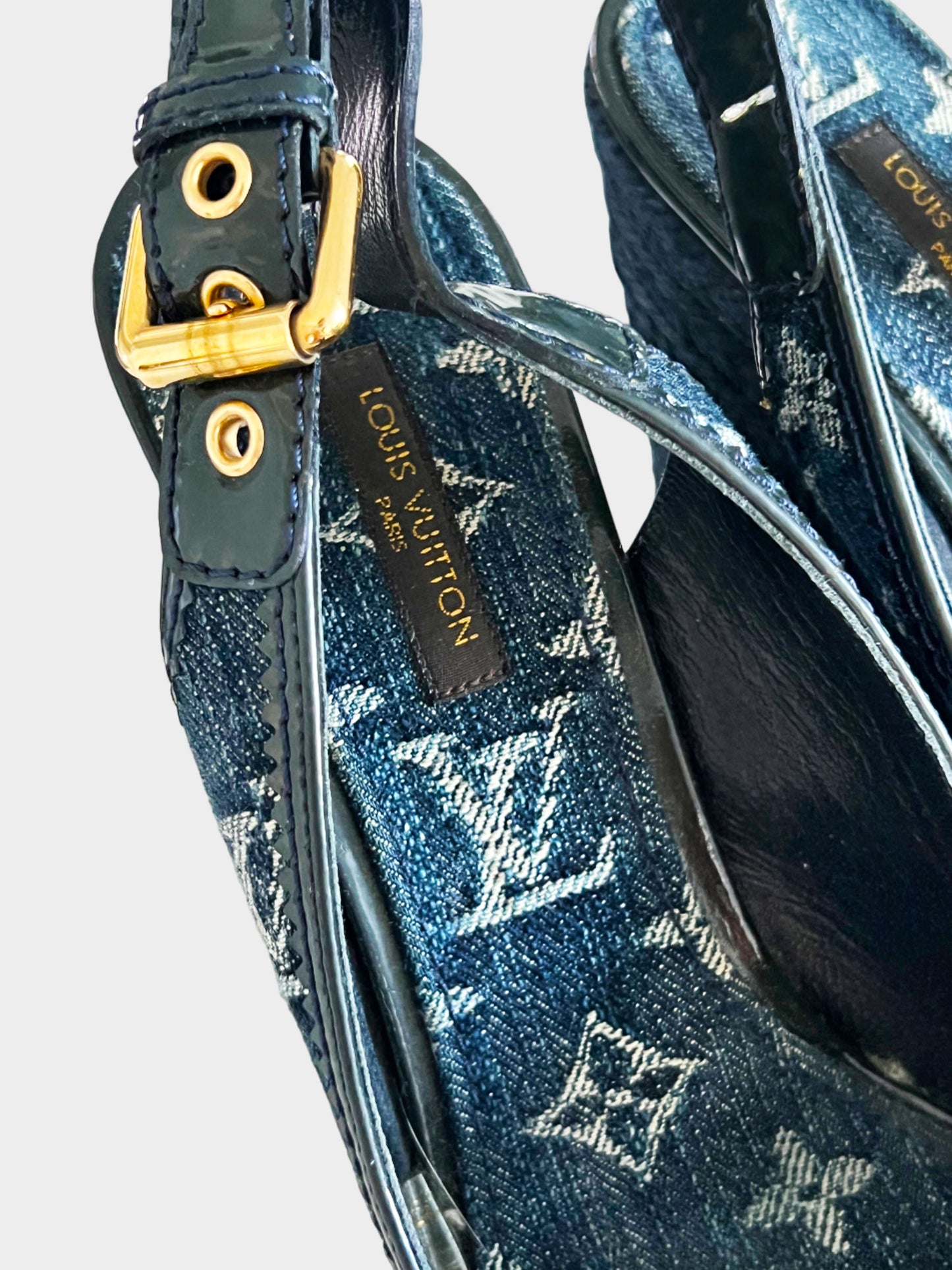 Louis Vuitton Early 2010s Navy Denim Slingback Espadrille Wedge Sandals