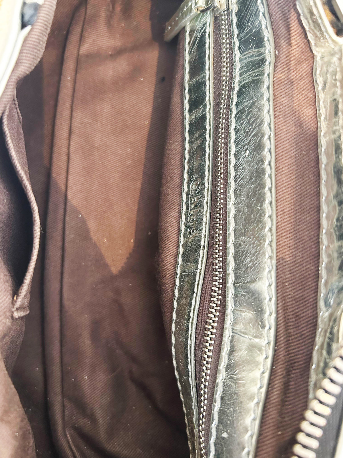 Chloe 2000s Metallic Silver Leather and Beige Canvas Paddington Bag