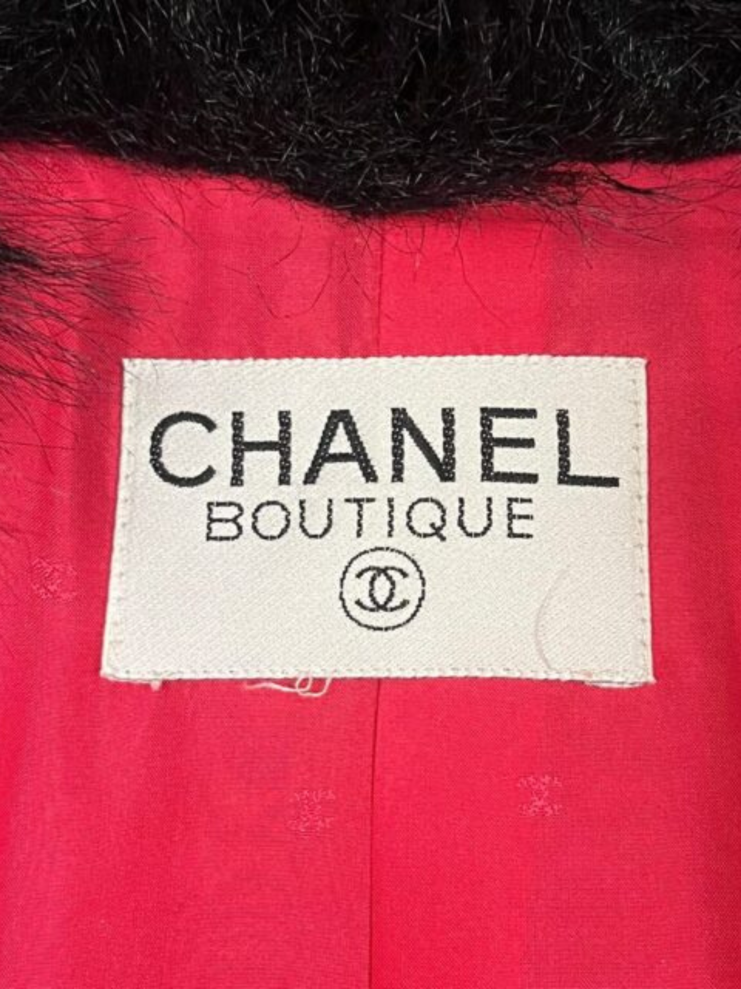 Chanel FW 1994 Raspberry Black Tweed Fur Trim Skirt Suit