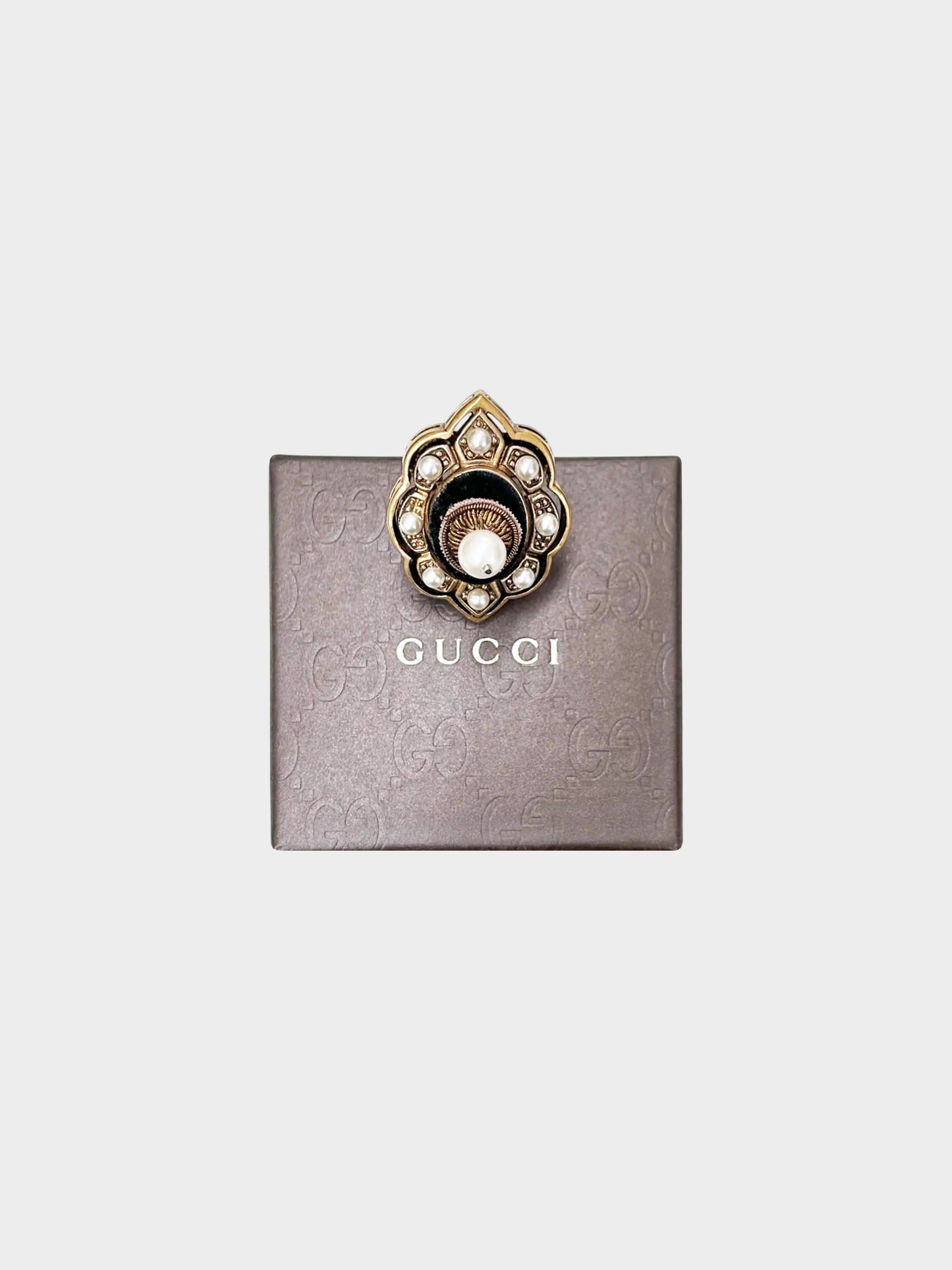 Gucci 2010s Aged Gold Faux Pearl and Velvet Pin Cushion Motif Ring