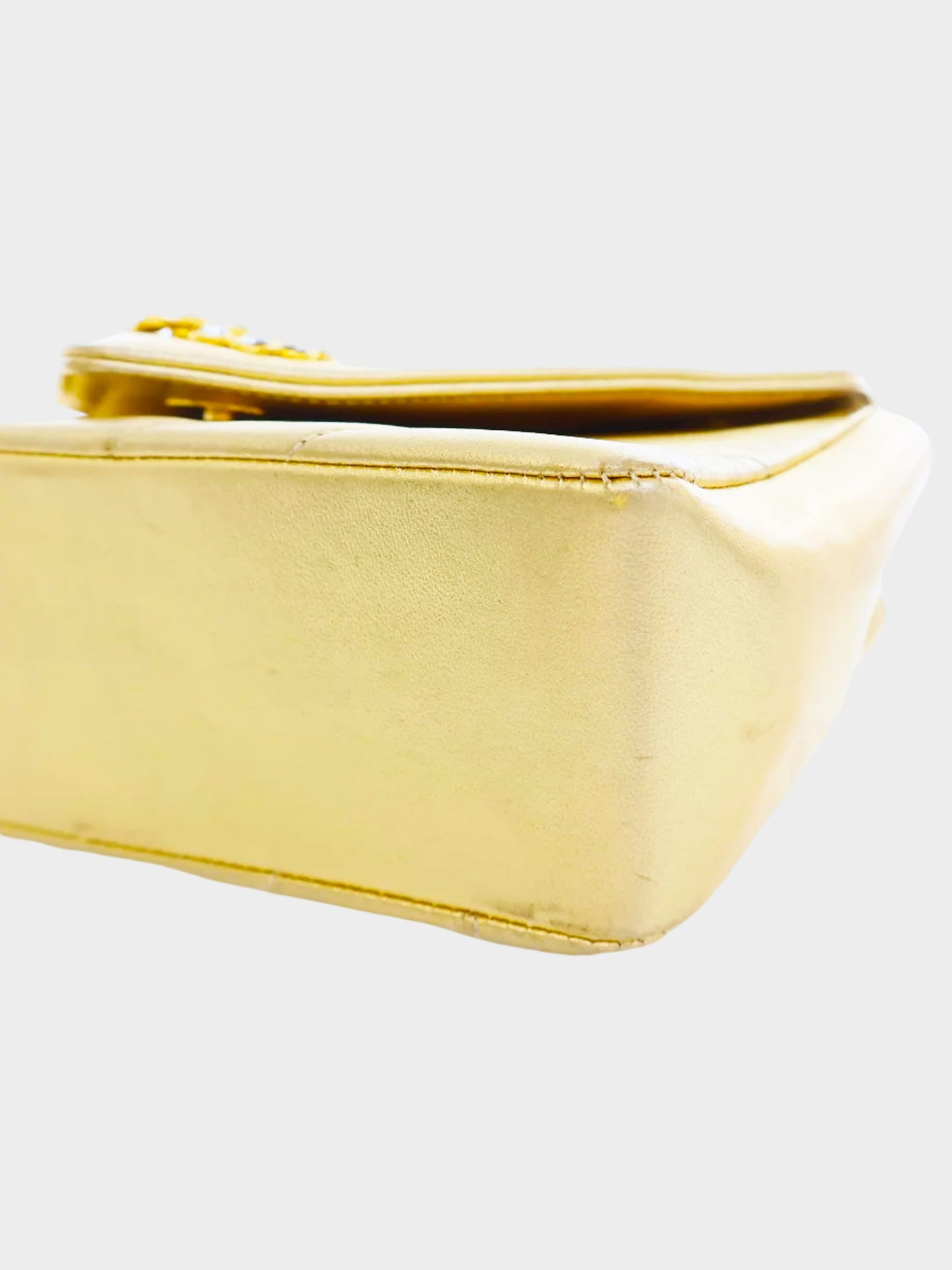 Chanel 1991-1994 Metallic Gold Chevron Stitch Bijoux Flap Bag