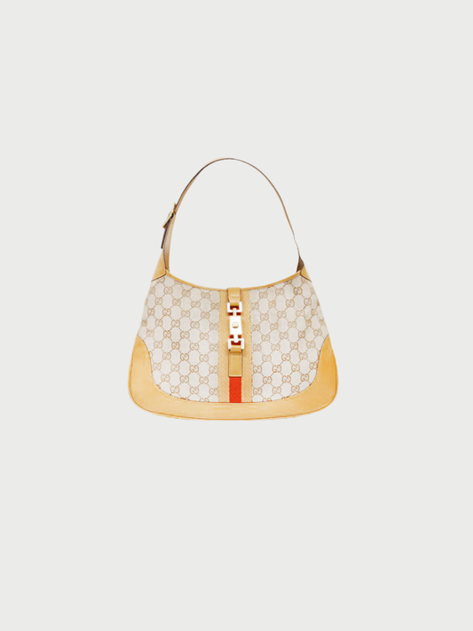 Gucci 2000s Beige GG Canvas Jackie Leather Trim One-Shoulder Bag