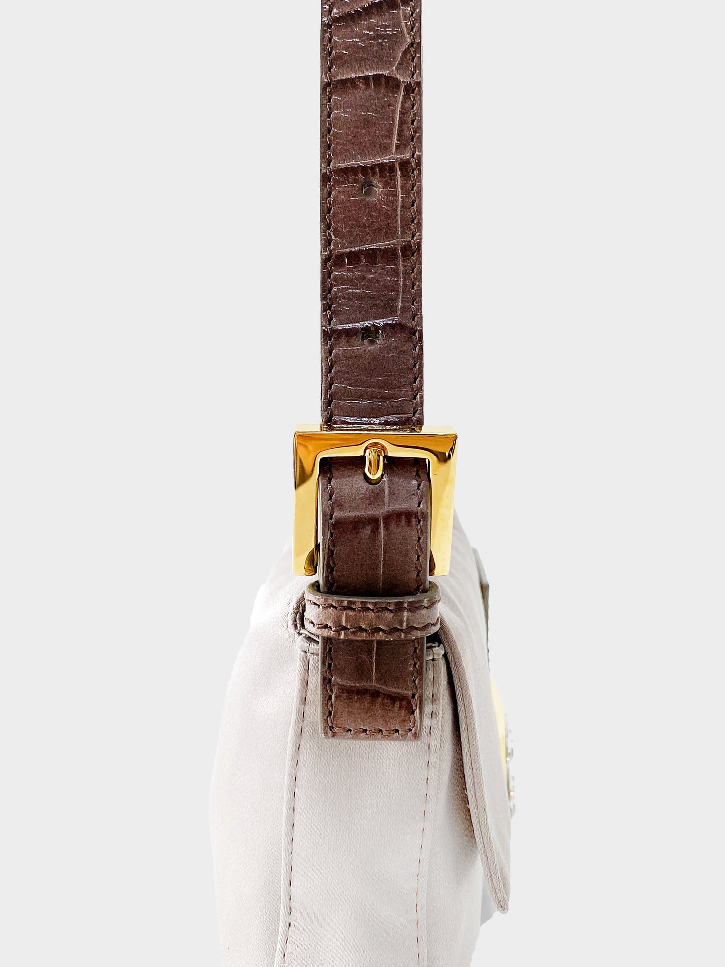 Fendi 2000s Smoke Beige Satin and Croc Leather Baguette with Rhinestones